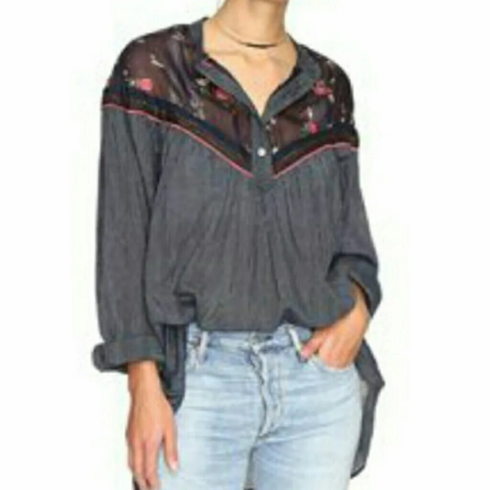 🆕Free People Floral Accent Blue Cotton Top - Picture 2 of 7